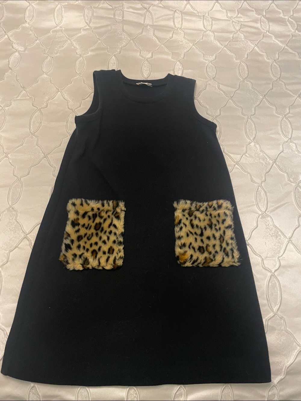 Crewcuts Black Sleeveless Dress with Leopard Faux-Fur Pockets